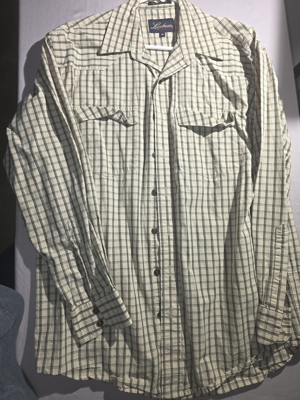 Lucchese Cream and Green Plaid Casual Button-Down Shirt